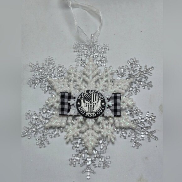 NWT FAFO Ornament Snowflake USA Flag Punisher Face Holiday Seasonal Decor OOAK - Picture 2 of 4